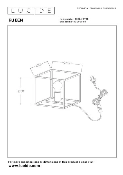 Lucide RUBEN - Lámpara de mesa - 1xE27 - Negro - técnico